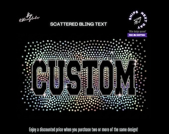 May include: A graphic design featuring the word CUSTOM in a bold, block-style font, outlined and filled with a dense pattern of iridescent, multi-colored circular dots that create a shimmering, scattered effect against a solid black background.