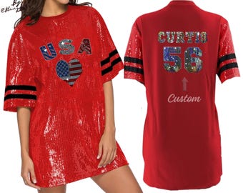 Amo a EE. UU. Vestido brillante Túnica personalizada Bandera Lentejuelas Texto personalizado Camisa patriótica brillante glamurosa Jersey brillante personalizado 4 de julio