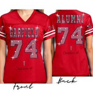 Custom Ultra-Bling Football Jersey for Garfield Alumni Group, featuring personalized graduation Year in holographic sequins includes sleeves