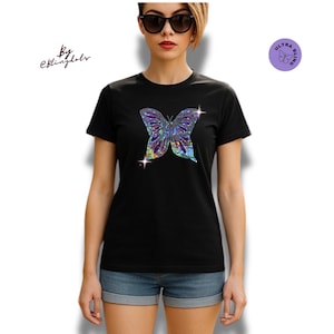 Maglietta a farfalla, top con farfalle scintillanti, top con animali, magliette con animali, regalo per entomologo, top con paillettes unico, regali per lei, ali di farfalla