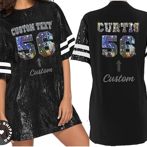 Sequin Tunic Bling Dress long Shirt for Women and Girls Custom Text Glamorous glitter Jersey Collegiate  Personalized Bling Text Shimmering