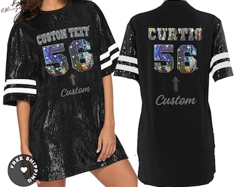Sequin Tunic Bling Dress long Shirt for Women and Girls Custom Text Glamorous glitter Jersey Collegiate  Personalized Bling Text Shimmering