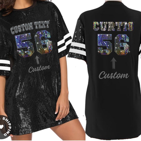 Sequin Tunic Bling Dress long Shirt for Women and Girls Custom Text Glamorous glitter Jersey Collegiate  Personalized Bling Text Shimmering