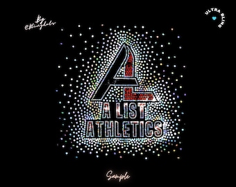 May include: A black fabric surface featuring a rhinestone design with the text A LIST ATHLETICS. The letter A is large with red and clear crystals, while the text below is in clear crystals. Scattered rhinestones surround the logo.