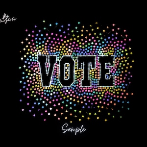 May include: A black fabric patch featuring the word VOTE in bold, block letters outlined in clear rhinestones. The text is surrounded by a dense, circular pattern of multi-colored, iridescent rhinestones in shades of pink, blue, yellow, and green.