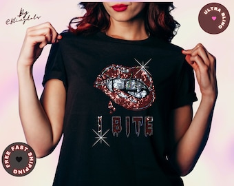Vampire Lips Bling Shirt - Halloween Shirt for Women – Spooky Graphic Tee, Handmade Goth Top, Casual Party Outfit, Creepy Cute Gift