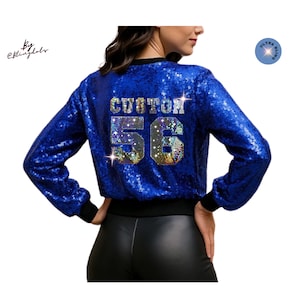 Custom Sequin Glitter Long Sleeve Zipper Bomber Jacket  Glitter Coat with Personalized logo, Number or Text Bling Fashion, Shiny, Sparkly