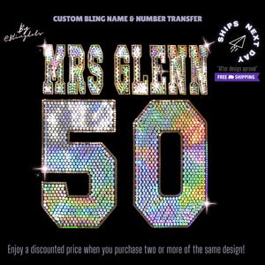Custom bling name and number iron on transfer sequins hotfix Glitter, personalized text, custom glitter logo, bling shirt, custom print