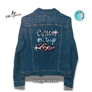 Custom Denim Jacket Bling Logo Jacket Sparkly Glamorous Cheer jean Jacket Vintage Personalized Text Mrs Bride Denim glitter business logo