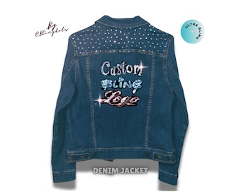 Custom Denim Jacket Bling Logo Jacket Sparkly Glamorous Cheer jean Jacket Vintage Personalized Text Mrs Bride Denim glitter business logo