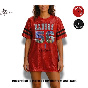 Kansas Sequin Tunic Bling Dress long Shirt for Women and Girls Custom Text Glamorous glitter Jersey Collegiate  Personalized Shimmering