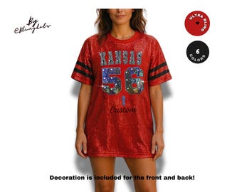 Vestido tipo túnica con lentejuelas de Kansas, camisa larga y brillante para mujeres y niñas, texto personalizado, jersey brillante y glamoroso, personalizado y universitario