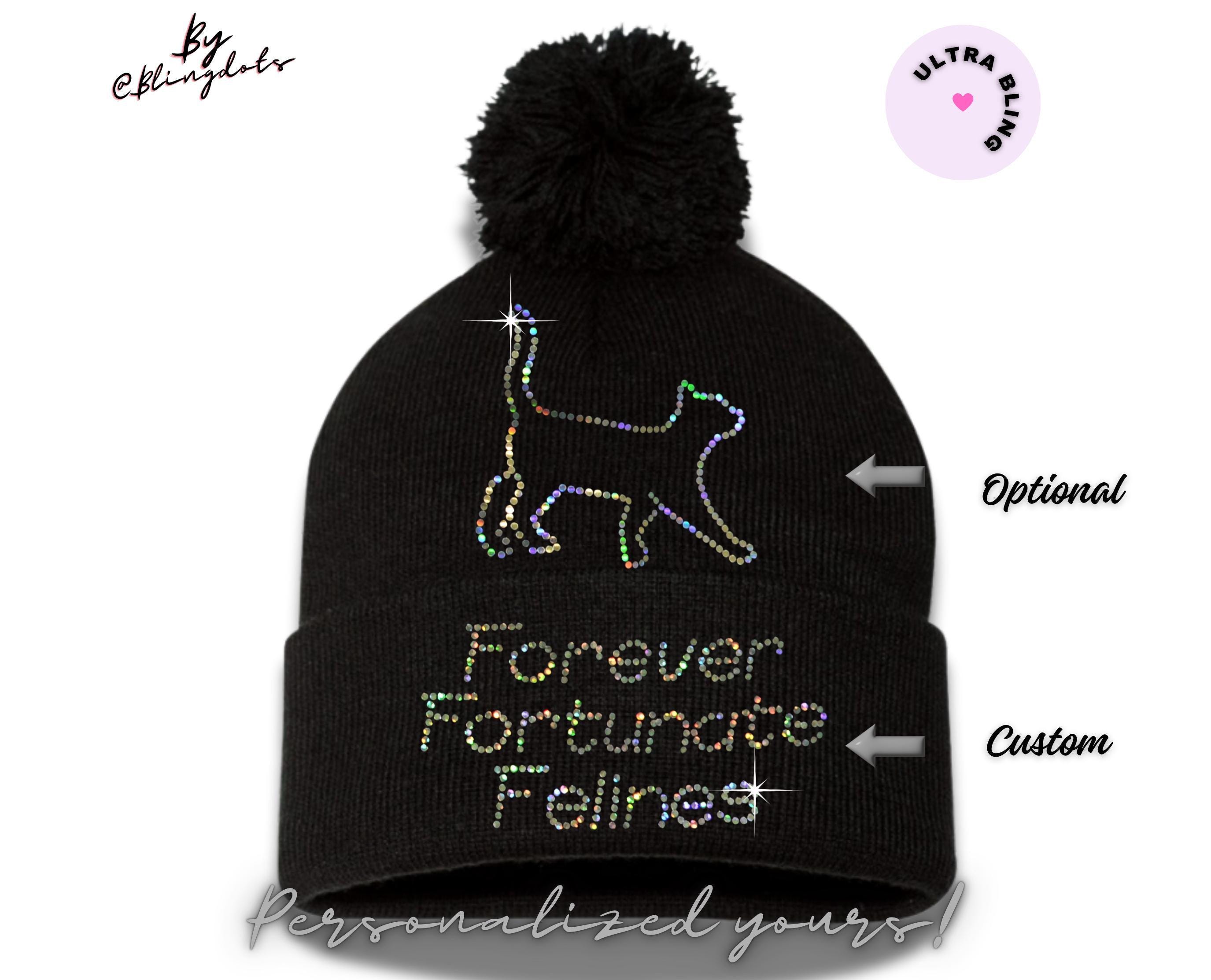 Custom Text Bling Beanie - Glitter Pom-pom Knit Winter