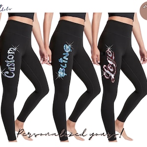 Custom Bling Black Yoga Pants - Personalized Glitter Leggings for Women's Workout, Yoga, Gym, Office, Club, Casual - Design Your Own Spandex