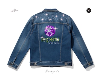 Custom Sequin Denim Jacket Business Logo Bling Jean Coat Personalized Corporate Brand Gift Mrs Bride Varsity Cheer Team Merch Outwear