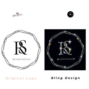 May include: A side-by-side comparison showing an original logo and a bling design. The left side features a black RS monogram and the text Richard Sanchez inside a circular frame. The right side displays the same design rendered in sparkling rhinestones.