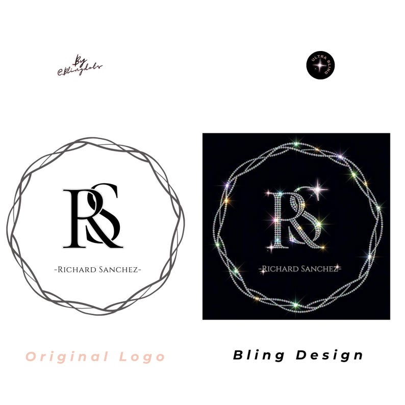 May include: A side-by-side comparison showing an original logo and a bling design. The left side features a black RS monogram and the text Richard Sanchez inside a circular frame. The right side displays the same design rendered in sparkling rhinestones.