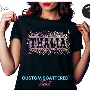 Shirt with Scattered Bling Logo, Personalized Sparkling Glitter Text, Sequins Tee Starburst Iron-on Cascade Effect, custom bling tank