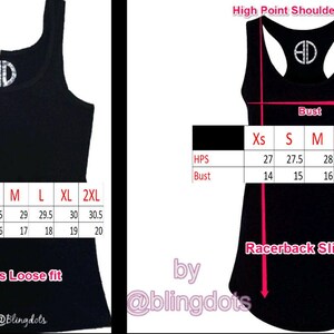 May include: Black tank top with a racerback design and a size chart showing measurements in inches. The chart includes sizes XS, S, M, L, XL, and 2XL. The text "High Point Shoulder Length" and "Racerback Slim Fit" are also visible. The tank top has a logo with the letters "ED" in a circle.