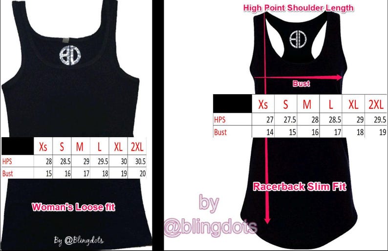 May include: Black tank top with a racerback design and a size chart showing measurements in inches. The chart includes sizes XS, S, M, L, XL, and 2XL. The text "High Point Shoulder Length" and "Racerback Slim Fit" are also visible. The tank top has a logo with the letters "ED" in a circle.