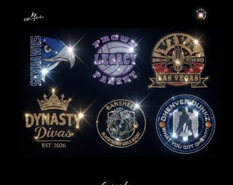 May include: A collection of six rhinestone iron-on transfers featuring various designs: a blue eagle with the text SKYHAWKS, a purple volleyball with PROUD LEGACY PARENT, a gold VIVA LAS VEGAS emblem, a gold crown with DYNASTY DIVAS EST. 2026, a BANSHEE BLACKTHORN GIRLS RUGBY logo, and a blue DHENVER DUNKZ graphic.