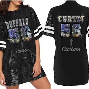 Buffalo Sequin Tunic Bling Dress long Shirt for Women and Girls Custom Text Glamorous glitter Jersey Collegiate  Personalized Shimmering