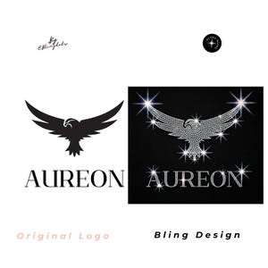 May include: A comparison of two designs featuring an eagle with wings spread above the text AUREON. The left side shows a solid black graphic on a white background. The right side shows a sparkling rhinestone version on a black background.