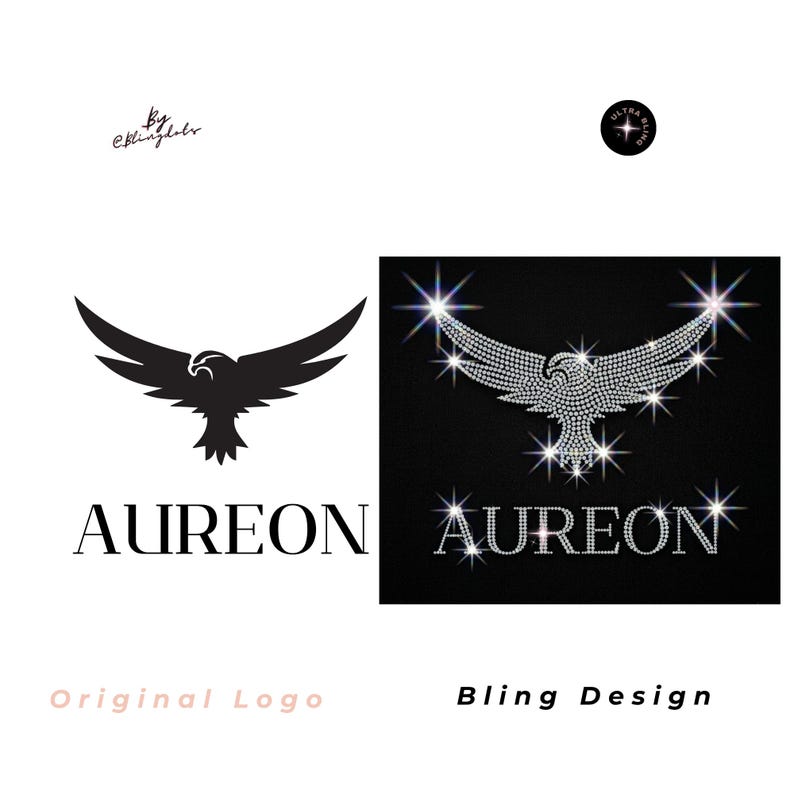 May include: A comparison of two designs featuring an eagle with wings spread above the text AUREON. The left side shows a solid black graphic on a white background. The right side shows a sparkling rhinestone version on a black background.