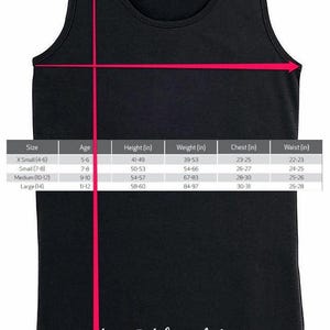 May include: Size chart for a black tank top with a white monogram "ED" on the front. The chart lists sizes, ages, height, weight, chest, and waist measurements in inches.