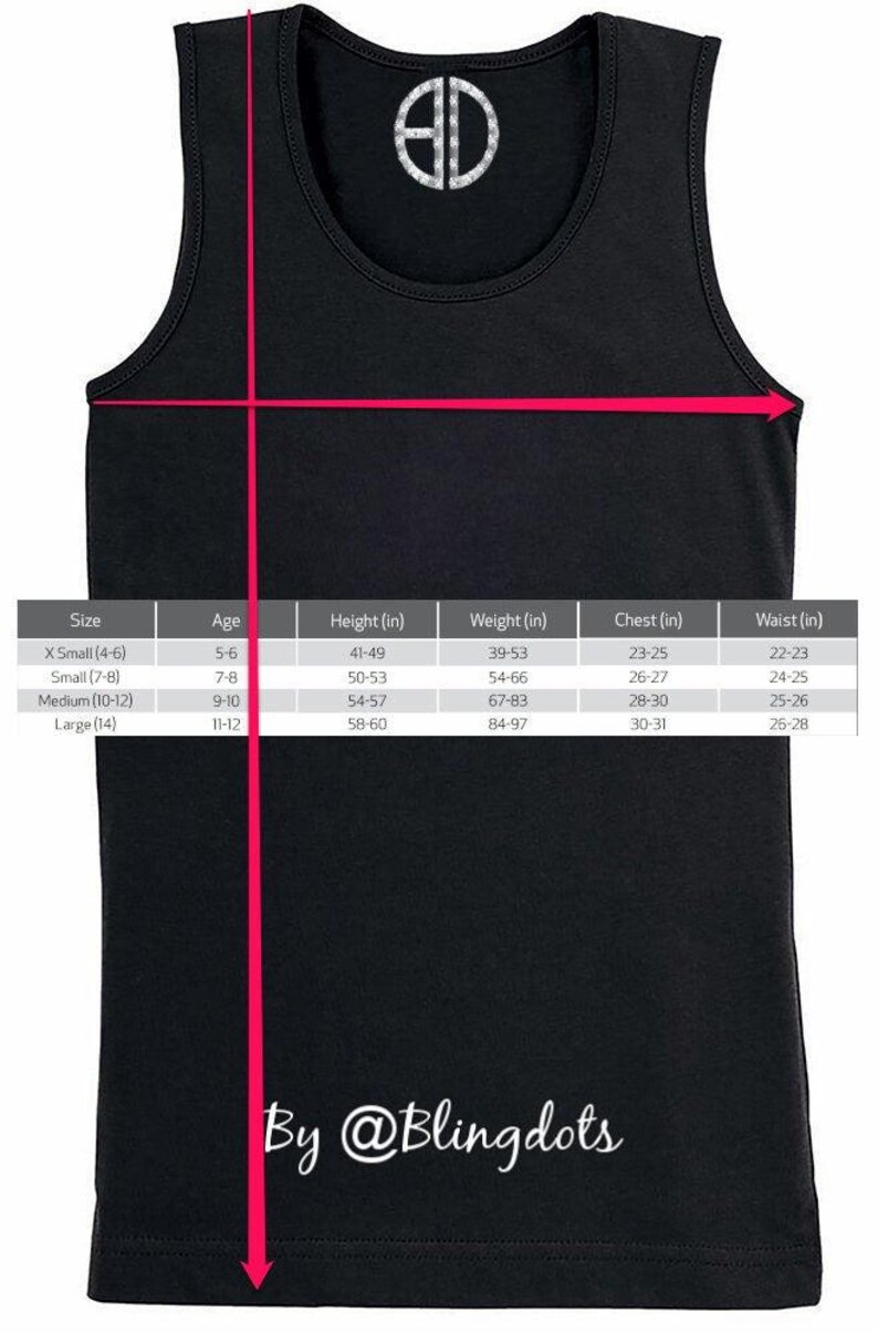 May include: Size chart for a black tank top with a white monogram "ED" on the front. The chart lists sizes, ages, height, weight, chest, and waist measurements in inches.