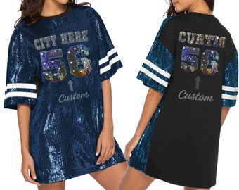 Los Angeles Sequin Tunic Bling Dress long Shirt for Women and Girls Custom Text Glamorous glitter Jersey Collegiate Personalized Shimmering