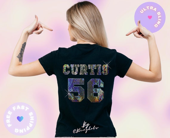 Custom Bling Name and Number Personalized Sequins Text Add on for the Back  Shirt is Not Included 