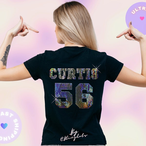 Custom Bling name and number personalized sequins text  ( add on for the back) Shirt is not included