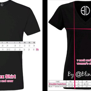 May include: Black unisex t-shirt with a V-neck and crew neck style. The shirt is available in sizes XS to 4XL. The size chart shows the body length and chest width in inches.