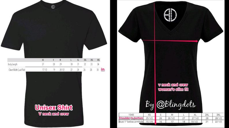 May include: Black unisex t-shirt with a V-neck and crew neck style. The shirt is available in sizes XS to 4XL. The size chart shows the body length and chest width in inches.