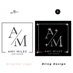 May include: A side-by-side comparison of two logos. The left logo is a black line drawing of the letters AM with a diagonal slash, reading AMY MILES real estate. The right logo is a black background with the same design rendered in sparkling rhinestones.