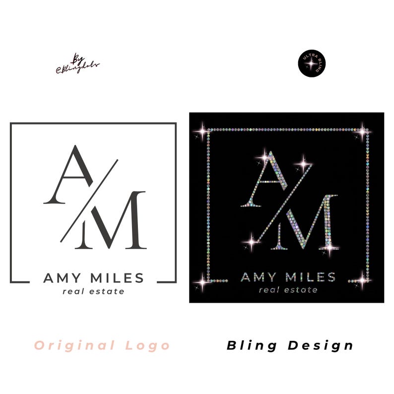 May include: A side-by-side comparison of two logos. The left logo is a black line drawing of the letters AM with a diagonal slash, reading AMY MILES real estate. The right logo is a black background with the same design rendered in sparkling rhinestones.