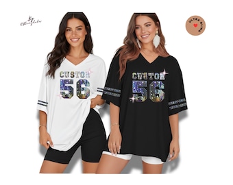 Chemise en jersey Bling personnalisée à col en V, T-shirt à paillettes surdimensionné personnalisé, Vêtements personnalisés avec nom et numéro, Top Bling pour jeu, Cadeau d'anniversaire unique