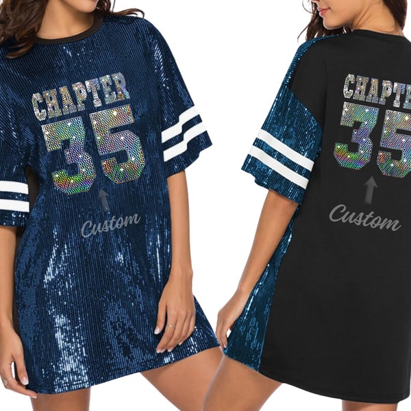 Custom chapter Birthday Bling sequins Dress long Shirt Tunic bedazzled glitter number Glamorous Jersey Personalized Bling Shimmering Text