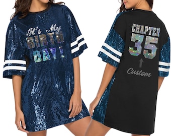 Vestido túnica con lentejuelas y texto personalizado, camisa larga con brillo glamoroso, jersey brillante personalizado, regalo de cumpleaños bonito