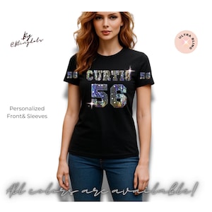 Personalized Bling Football Shirt with Custom Name and Number, Fan sequins Jersey, Game T-Shirt, Add Your Text Number on Sleeve