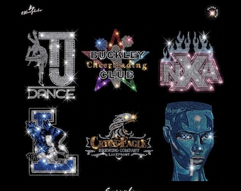 May include: A collection of six rhinestone heat transfer designs on a black background. Features include the text TJ DANCE, a star with BUCKLEY CHEERLEADING CLUB, NXA with flames, a letter L with an eagle, CRYING EAGLE BREWING COMPANY, and a face.