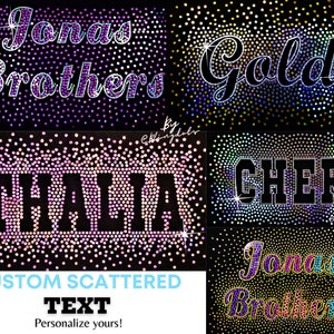 Custom Scattered bling text, Personalized Starburst effect bling Iron On transfer, Bedazzled Text in Sequins, spread out text, glitter logo