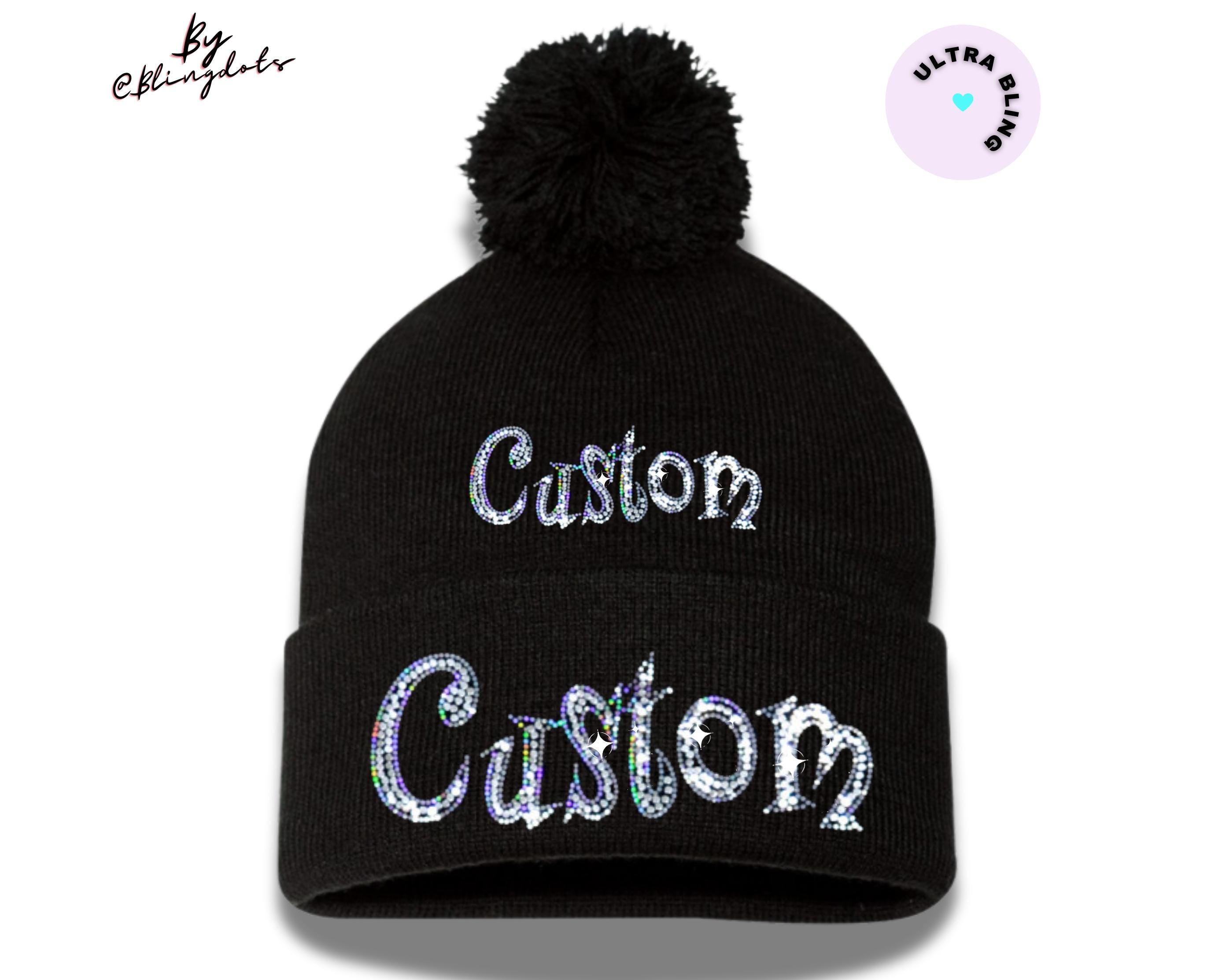 Custom Text Bling Beanie - Glitter Pom-pom Knit Winter