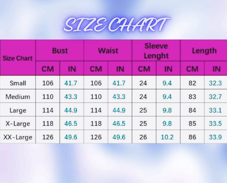 Puede incluir: Tabla de tallas para ropa con medidas en pulgadas y cent&iacute;metros. La tabla muestra las medidas de busto, cintura, manga y longitud para las tallas S, M, L, XL y XXL.