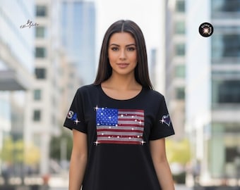 USA Flag Bling Shirt - Sequins Tank Top glossy Glitter 4th of July Patriotic Sparkly Flag Tee sleeves flag, Holographic sequin Shirt.
