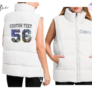 Custom bling Puffer Vest Winter Zip Up Oversized Padded Puffy Jacket Coat with Pockets, personalized text  in sequins