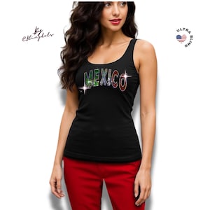 I Love Mexico Bling Shirt – Glitter Tank for Proud Mexican Women, Holographic Sequin Fiesta Tee, Sparkling Mexican Flag Tank Top
