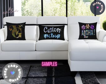 Capa de almofada personalizada, almofada decorativa com brilho personalizado, almofada com logotipo e texto em lantejoulas, almofada ou capa com citação personalizada, almofada com logotipo empresarial aqui