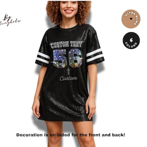 Sequin Tunic Bling Dress long Shirt for Women and Girls Custom Text Glamorous glitter Jersey Collegiate  Personalized Bling Text Shimmering